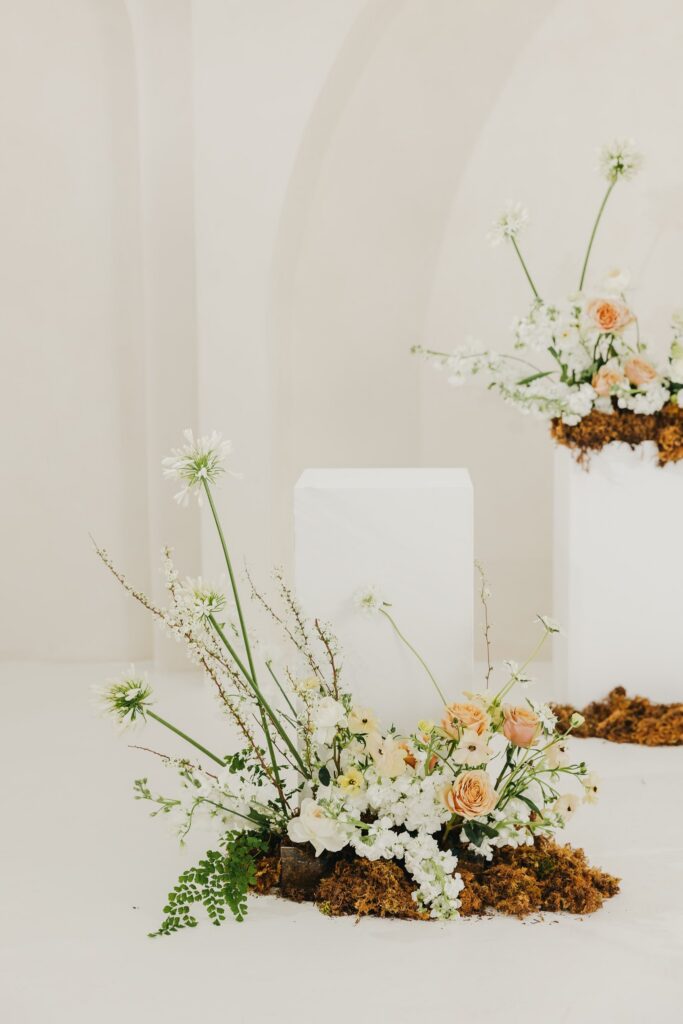 luxury Virginia wedding reception design with floral installation