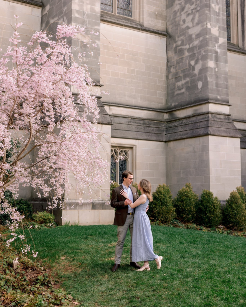 Exterior view of the Washington National Cathedral during cherry blossom season in Washington DC