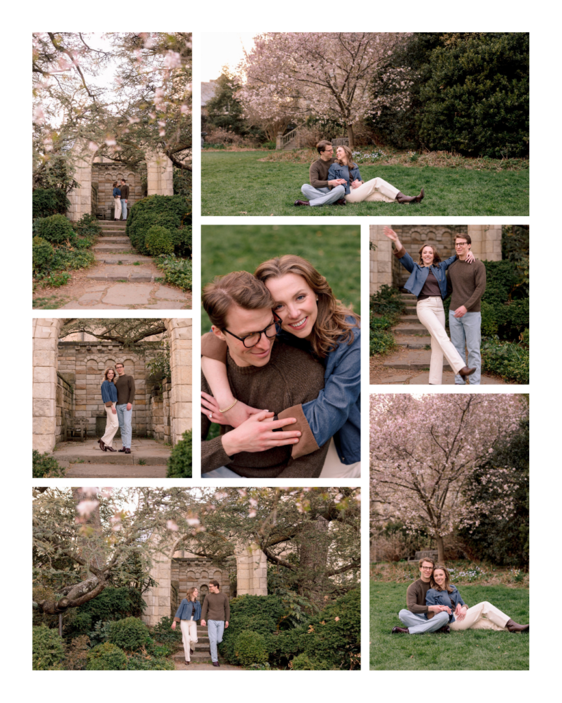 Jack and Caroline walking together at the Washington National Cathedral during a spring evening engagement session