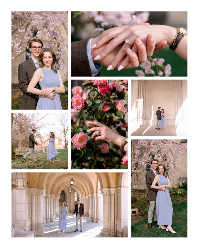 Jack and Caroline walking together at the Washington National Cathedral during a spring evening engagement session