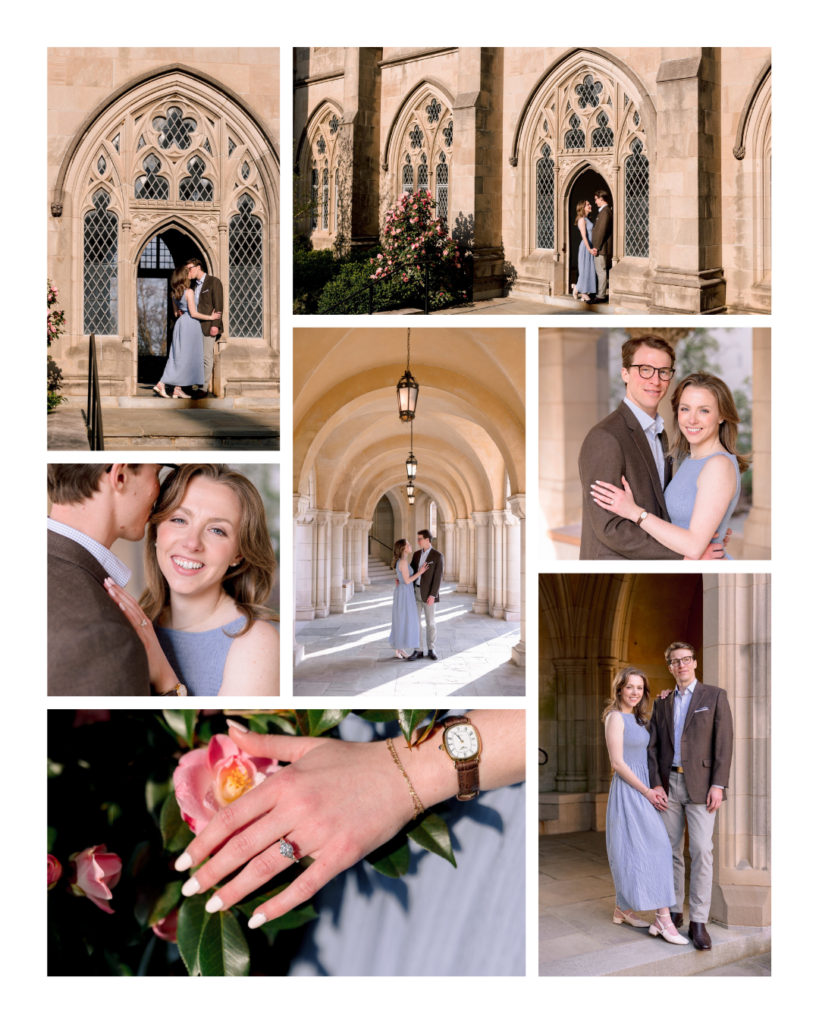 Spring engagement photos at the Washington National Cathedral with soft evening light in Washington DC
